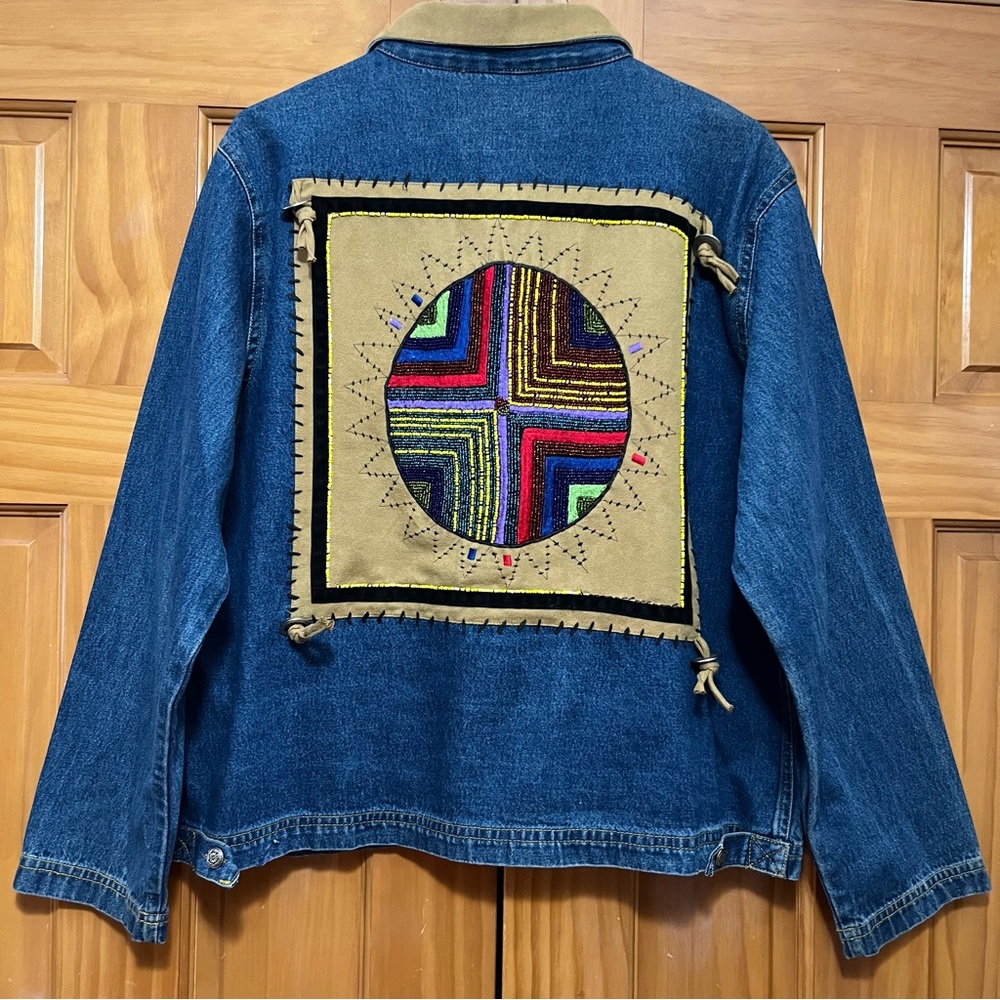 Don’t Mess With Texas Denim Jacket with Tan Collar and Beaded Design on Back